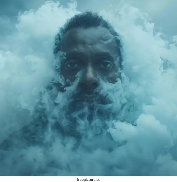 A black man with a beard is surrounded by smoke
