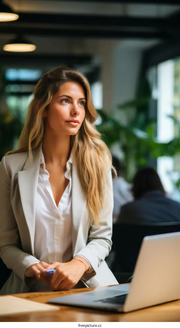 Confident businesswoman looking away while sitting at her desk in the office