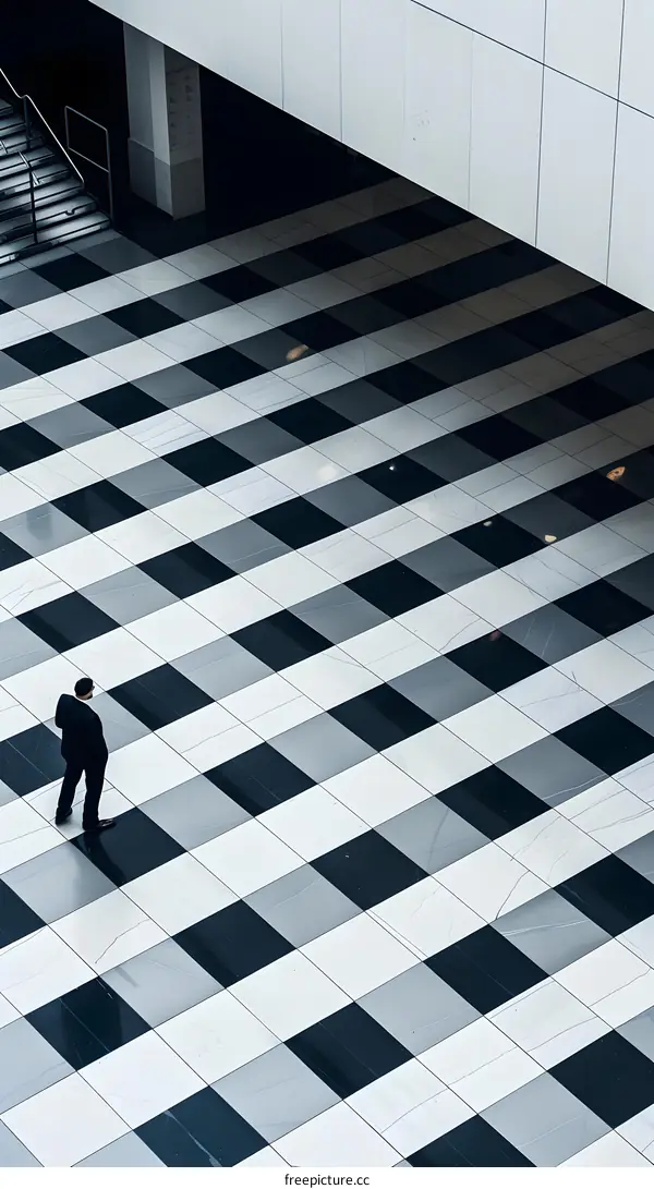 Man Walking On Checkerboard Floor In Building