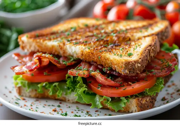 A delicious bacon sandwich with lettuce and tomato on a plate