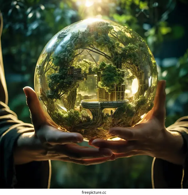 A digital illustration of a hand holding a glowing sphere with a miniature forest inside