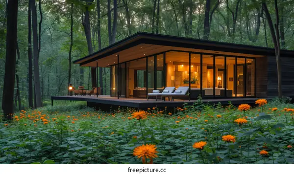 Modern house in the middle of a forest surrounded by orange flowers