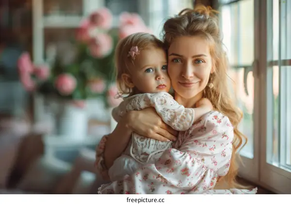 A mother is hugging her daughter near the window.