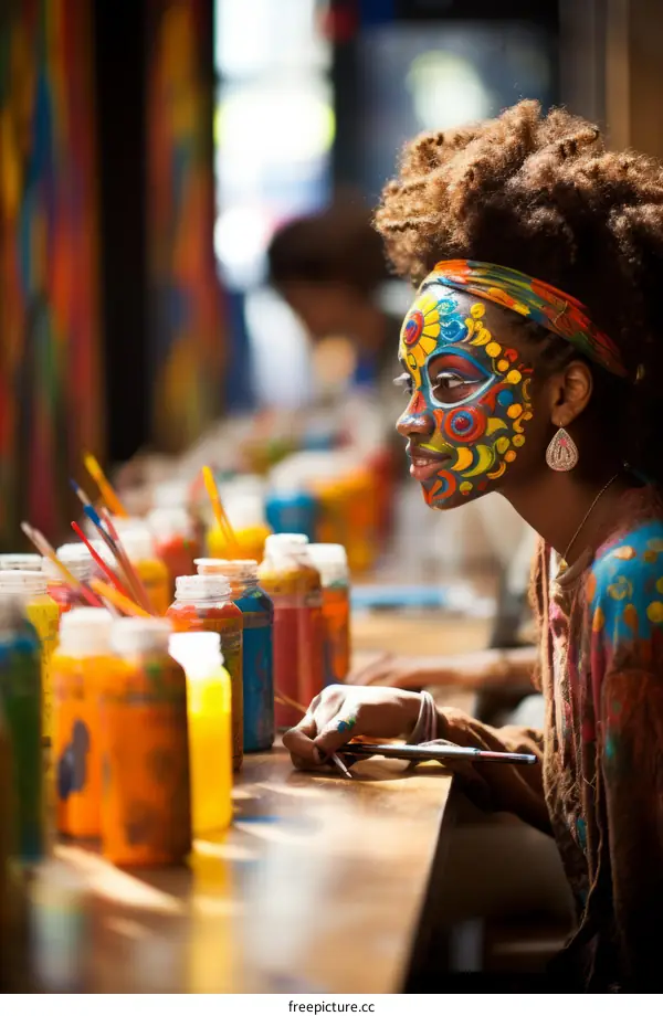 A young woman with colorful face paint smiles as she looks at her painting