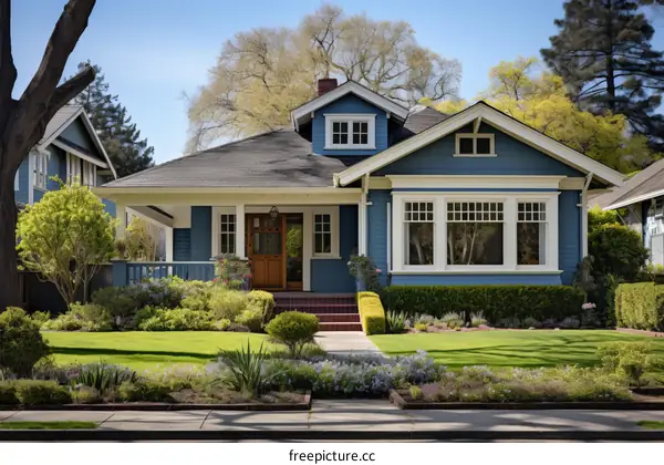 Blue Craftsman-Style Bungalow with White Trim and a Front Porch