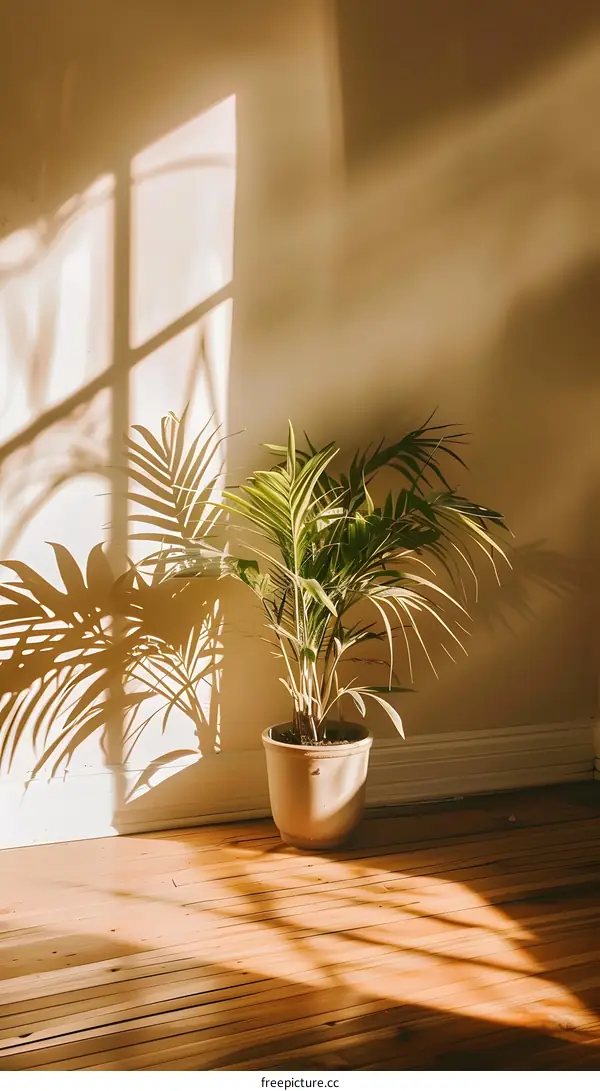Sunlight Streaming Through Window onto Plant in Corner of Room