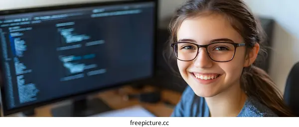 Young Woman Smiling While Working On Code On A Computer