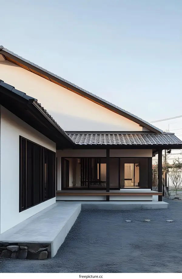 Modern Japanese House Exterior With White Walls and Black Windows