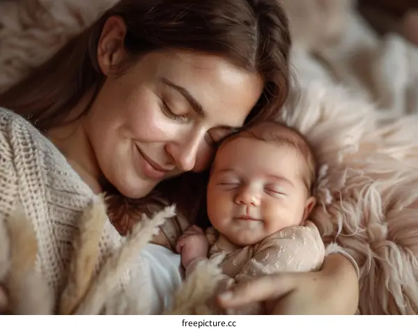 An image of a mother and her newborn baby sleeping together