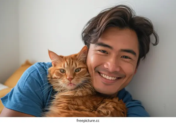 A smiling man hugging an orange cat