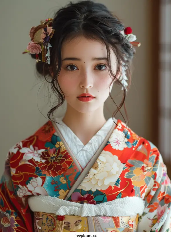 Portrait of a beautiful Japanese woman in traditional kimono