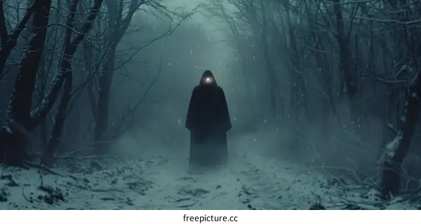 A dark figure wearing a hood and cloak stands in the middle of a snowy forest
