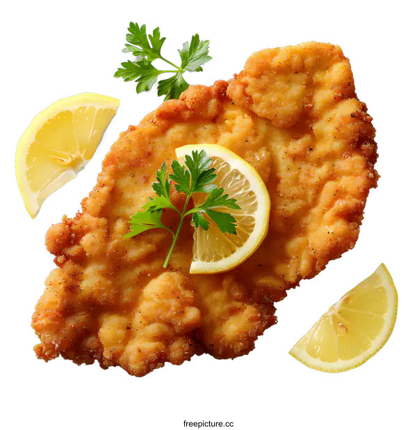 [Transparent Background PNG]Wiener Schnitzel with Lemon and Parsley on White Background