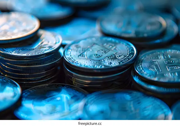 A stack of silver Bitcoin physical cryptocurrency coins with a blue tint