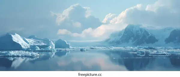 Majestic Icebergs Reflecting a Cloudy Sky in Antarctica