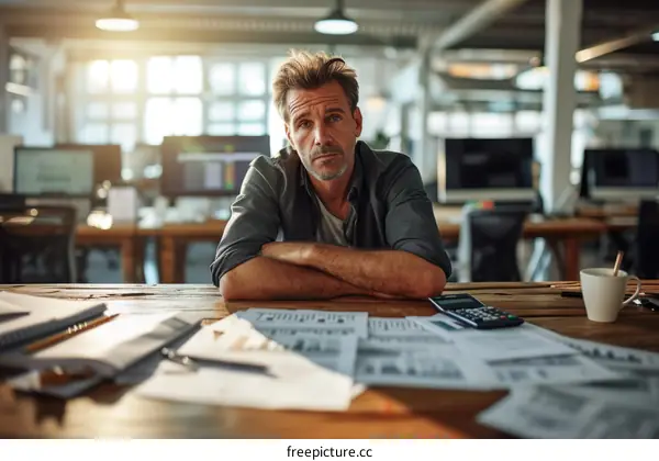 A man is sitting at a desk looking stressed