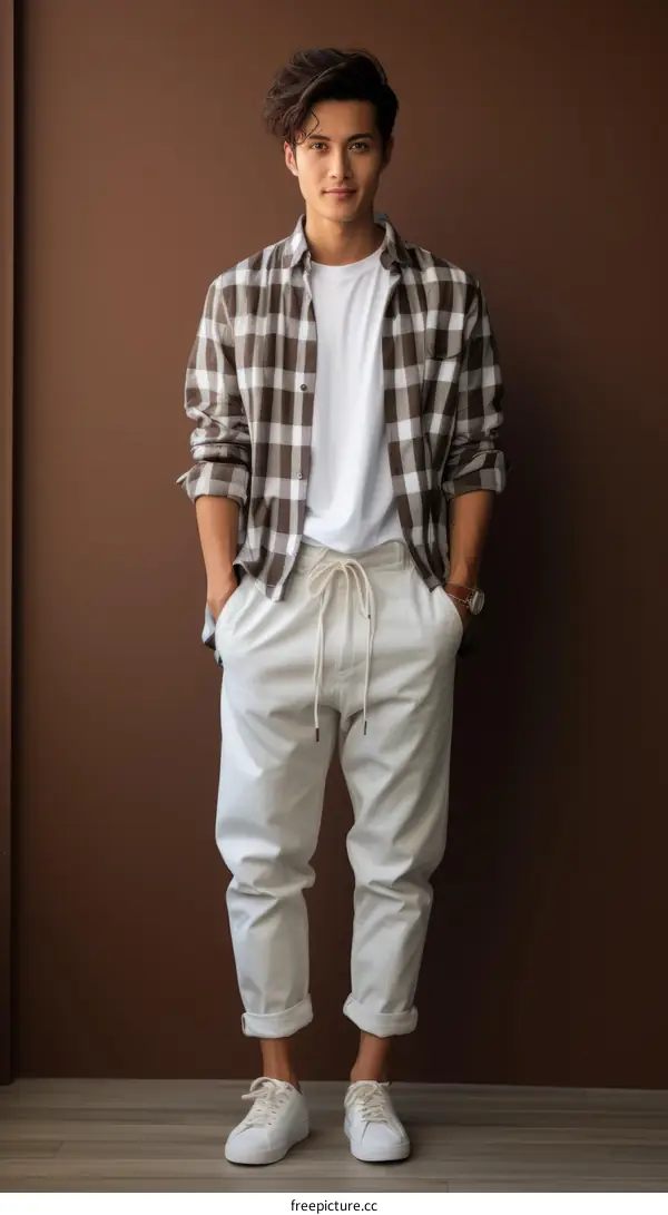 Asian man wearing a brown and white outfit