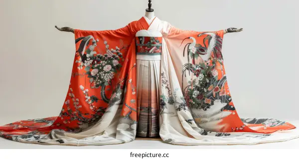 A traditional Japanese wedding kimono with a red and white pattern.