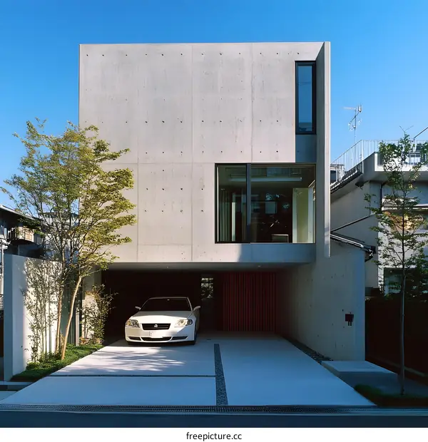 Modern Concrete House with a White Car in the Garage