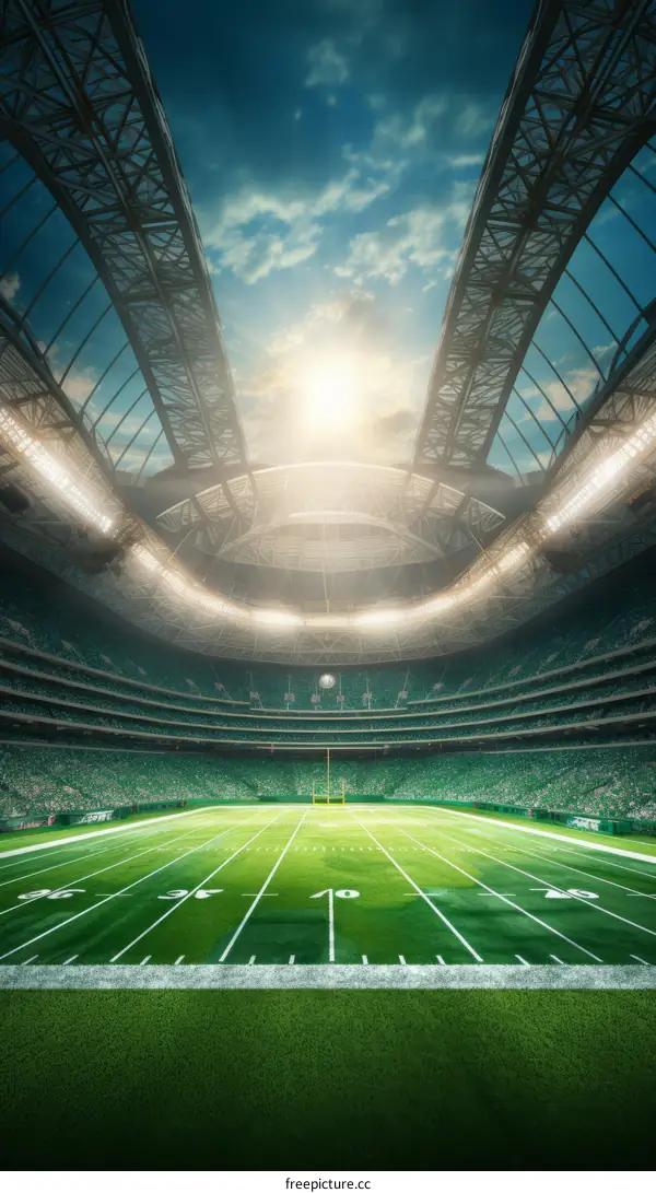 American football stadium with green field and bright lights
