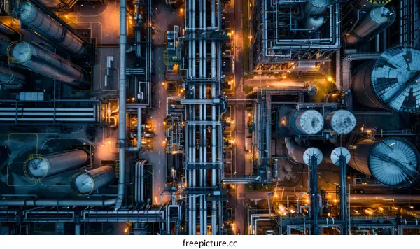 Aerial View of an Oil Refinery at Night