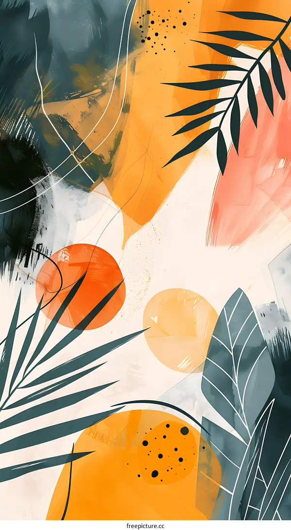 Abstract Tropical Watercolor Painting with Leaves and Circles