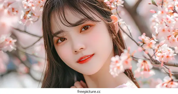 Beautiful Asian Woman with Cherry Blossoms