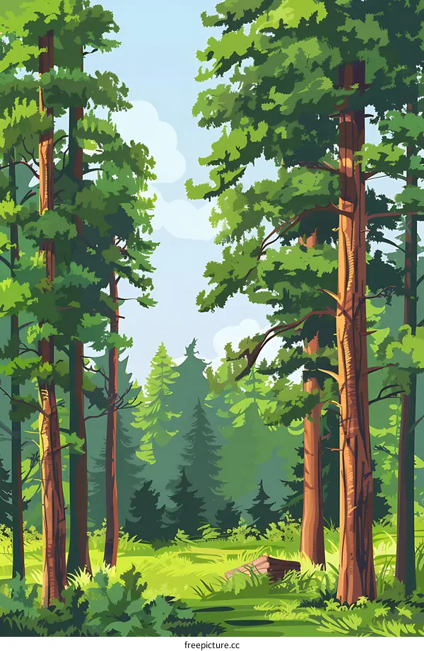 Beautiful Landscape With Lush Green Trees In Forest Illustration