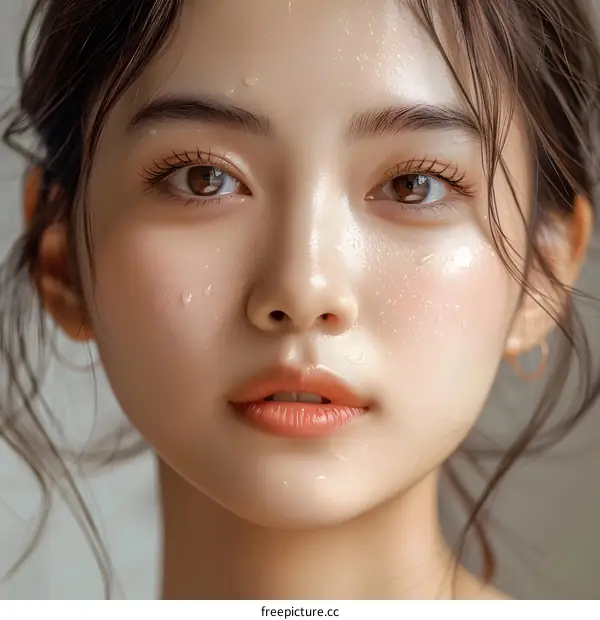 Close Up Portrait of a Young Asian Woman with Wet Skin