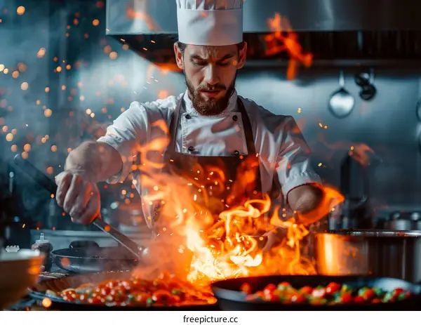 Bearded chef cooking with fire in kitchen