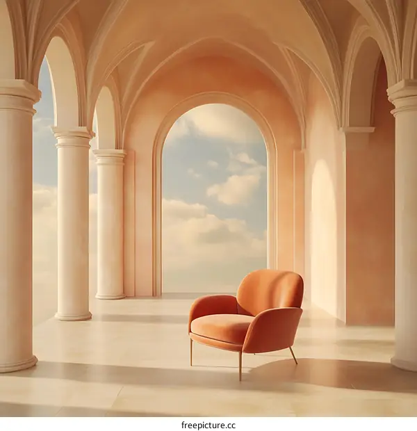 Orange Velvet Chair In A Dreamy Colonnade