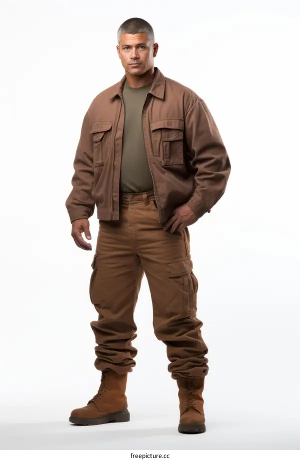 A man wearing a brown jacket and pants