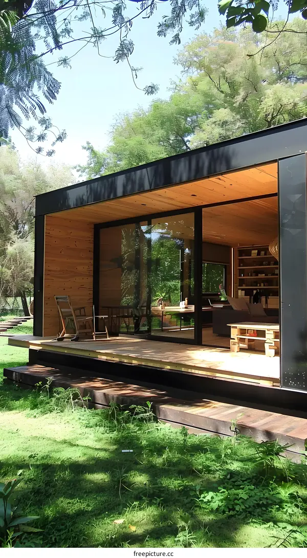 Modern Wooden House With Large Windows And Patio