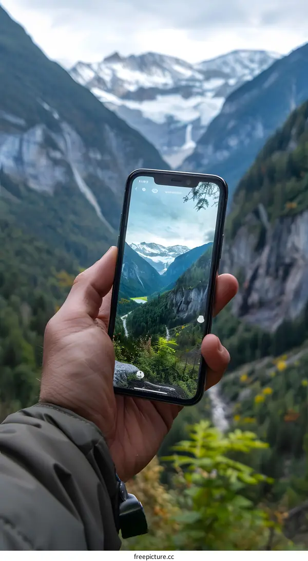 Man Taking a Picture of a Mountain Landscape with a Smartphone