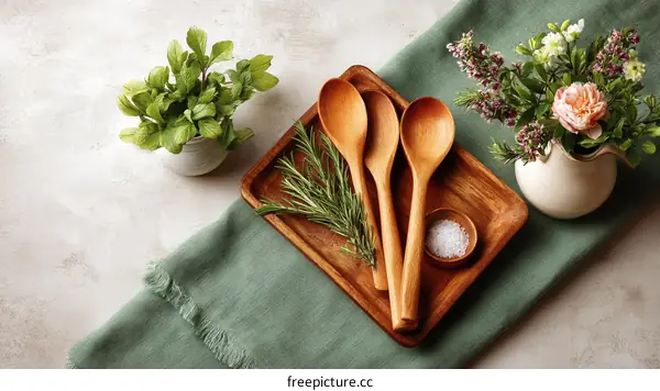 Wooden Spoons and Herbs on a Wooden Tray