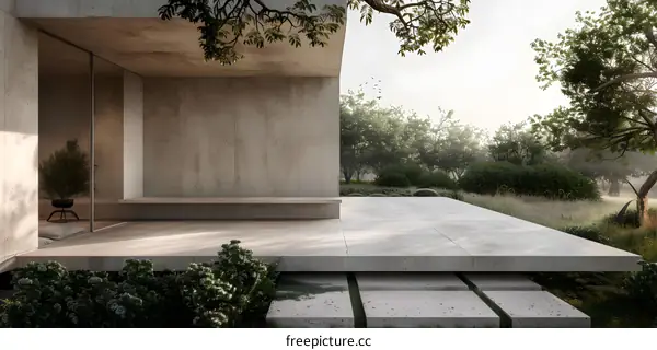 Modern Concrete House with Patio and Green Garden