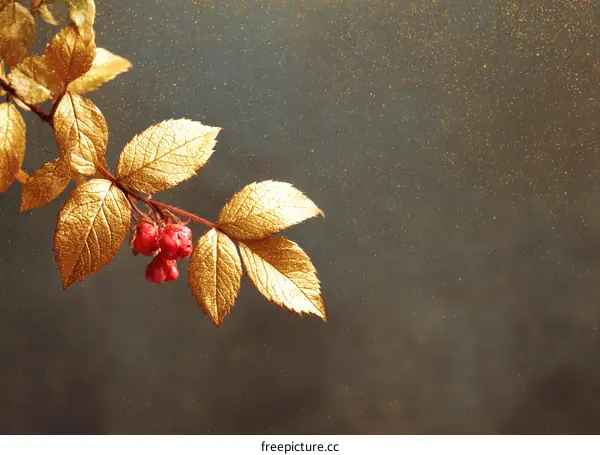 Gold-Painted Rose Branch with Berries on Dark Background