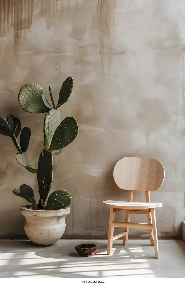Cactus Plant in Pot and Wooden Chair Against Beige Wall