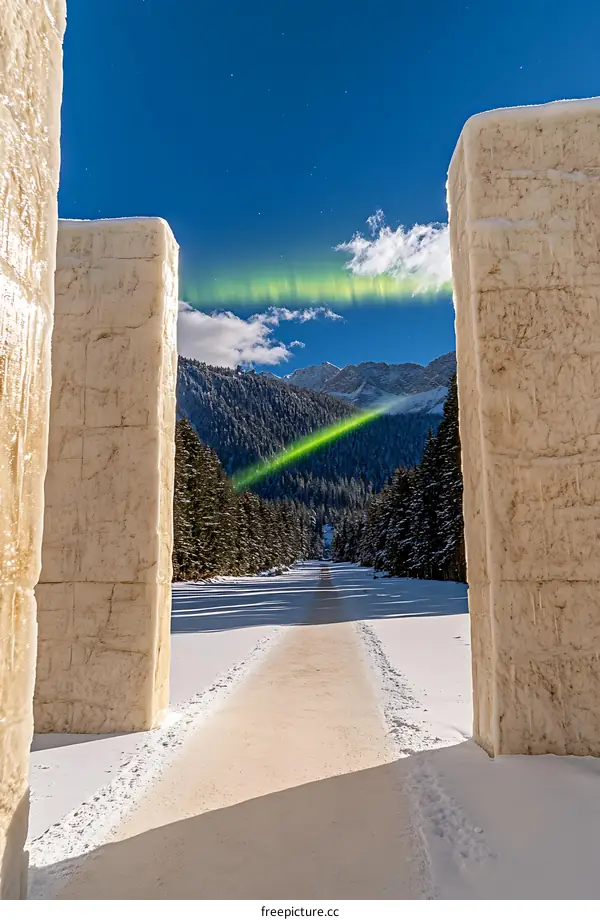 Snowy Path Through Ice Pillars With Aurora Borealis
