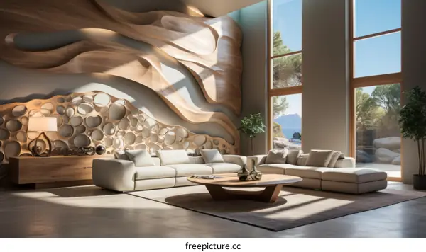 Artistic wooden wall decor in a modern living room