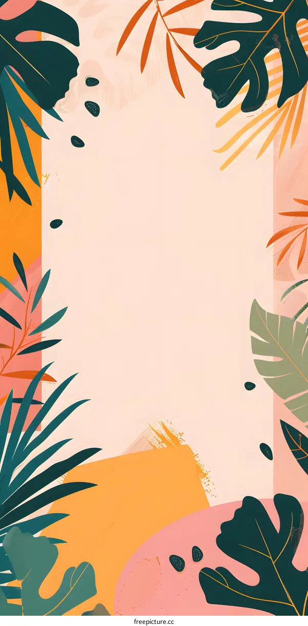 Abstract Tropical Leaves Background With Orange Yellow Pink And Green Colors