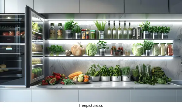 Modern Kitchen with Open Refrigerator and Fresh Food