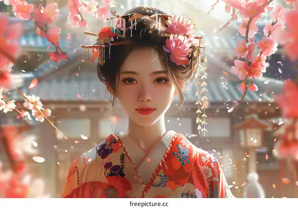 Portrait of a beautiful Japanese woman in traditional kimono with pink flowers in her hair