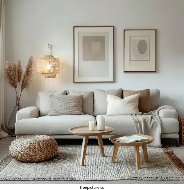 Modern living room interior with sofa, coffee tables, rug, and decoration