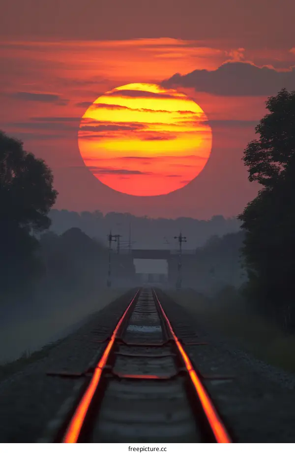 The railroad tracks stretch into the distance with a large orange sun rising in the background