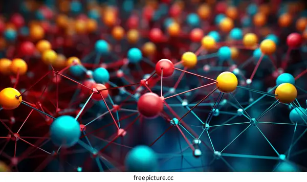 Abstract Image of a Molecular Structure with Blue, Red, and Yellow Spheres