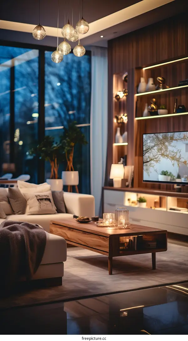 A modern living room with a large TV and a cozy fireplace