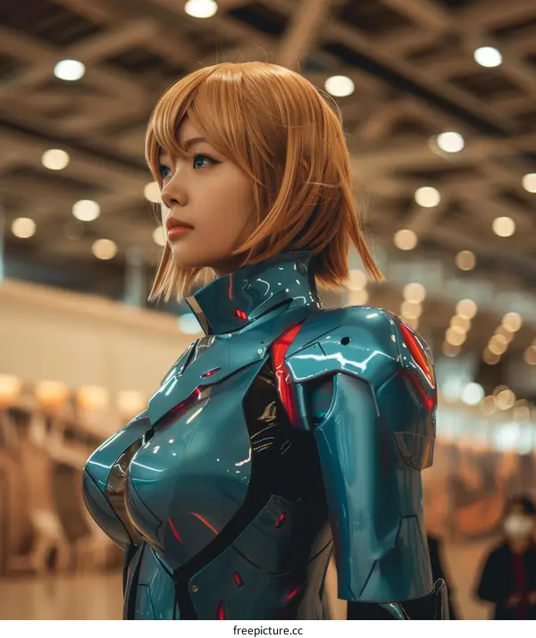 Futuristic Woman with Blue Armored Bodysuit