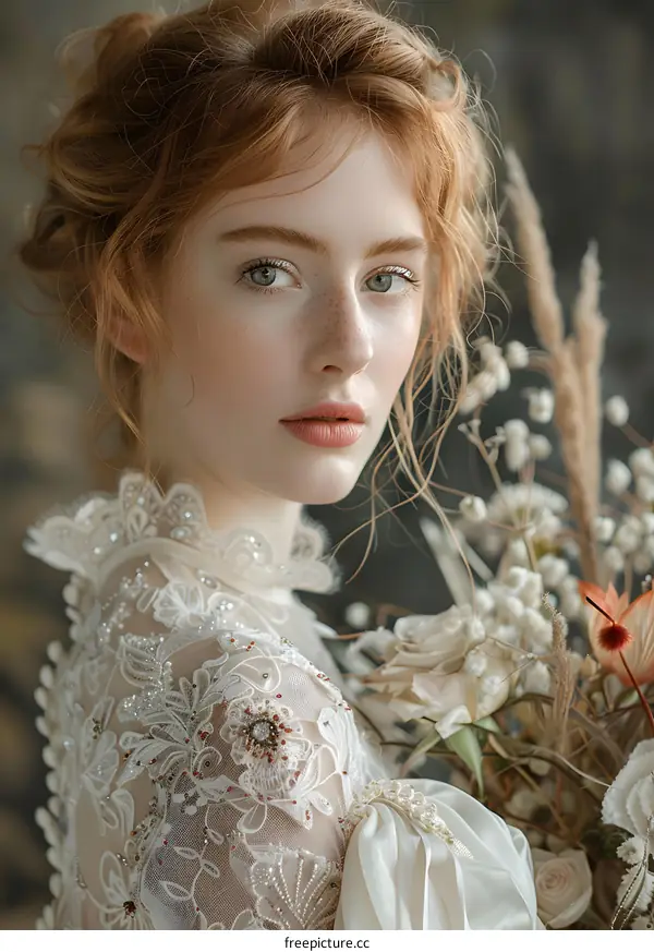 Portrait of a beautiful redheaded woman in a white dress