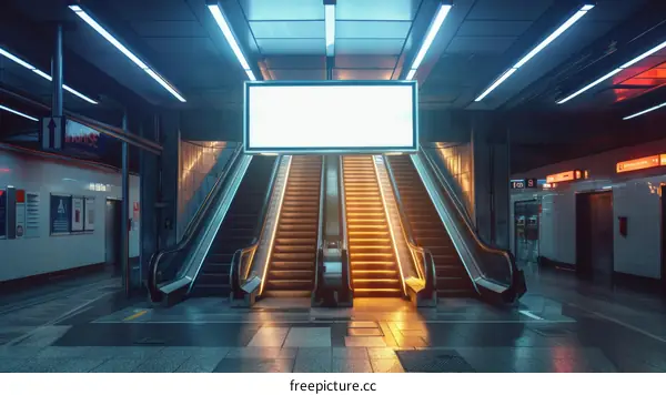 futuristic escalator with blank billboard in subway station